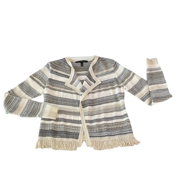White House Black Market Striped Mix Stitch Sweater Jacket Cardigan Fringe Hem - Picture 16 of 16